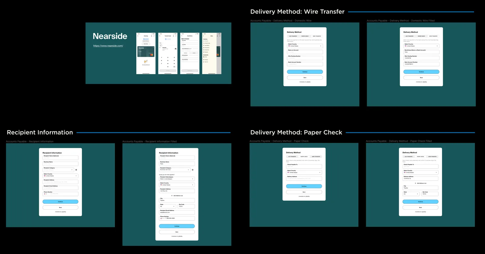 Nearside-branded payment screens showing account balance, transfer funds, add a contact and account menu, demonstrating the widget carrying a partner’s own branding