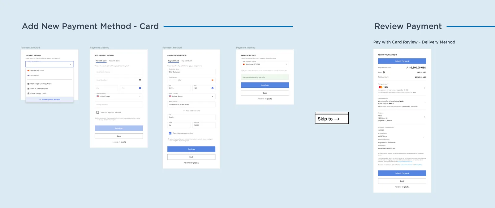 Add payment method flow: selecting from saved cards and bank accounts, then entering cardholder name, card number, expiry, CVV, country and billing address