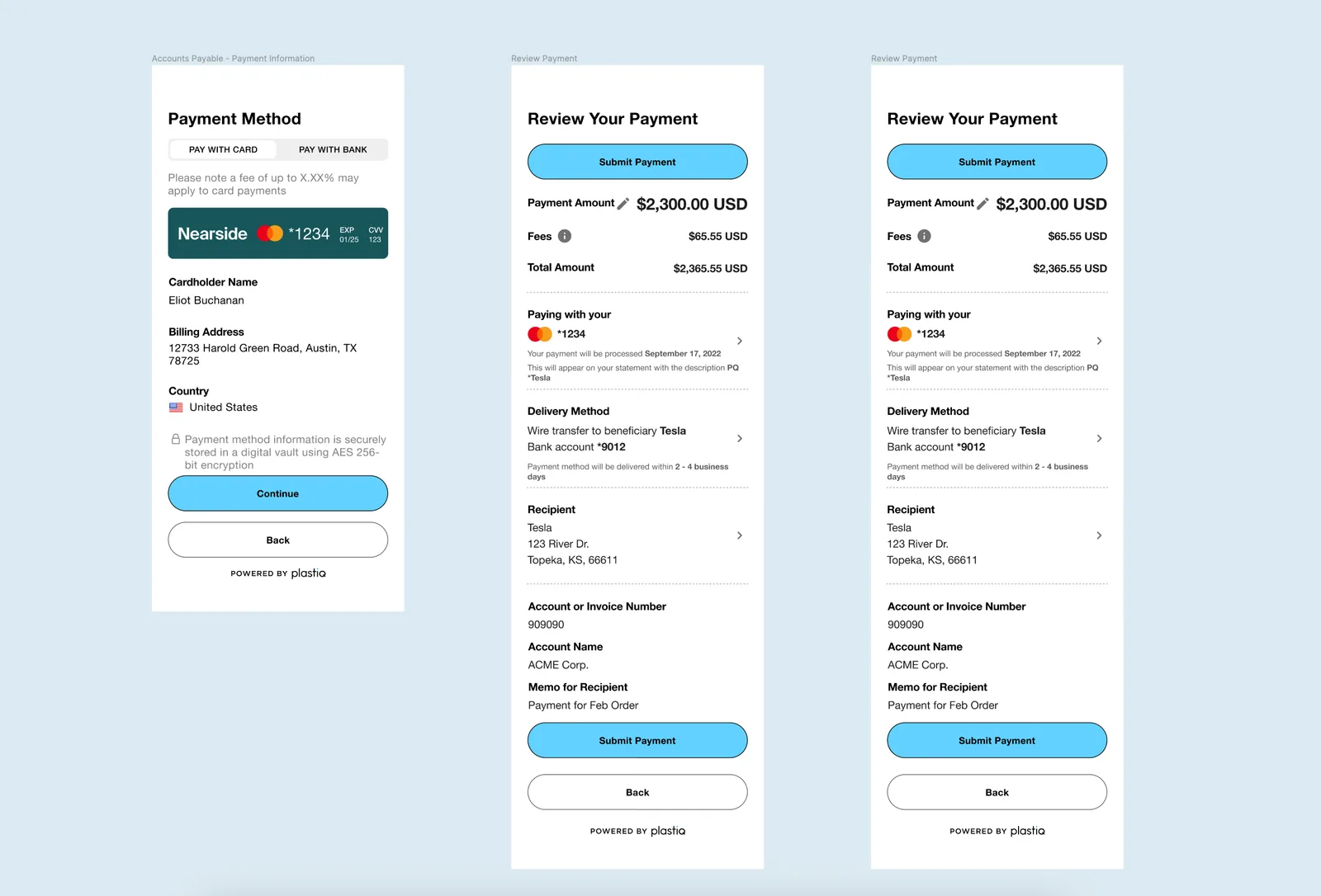 Review payment screen showing amount, fees, total, the card being charged, delivery method by wire transfer, recipient details, invoice number and memo before submitting