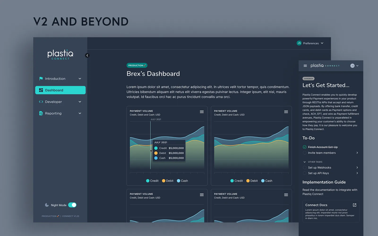 V2 concept for the partner dashboard with payment volume charts by currency, an onboarding checklist, implementation guide and link to Connect documentation