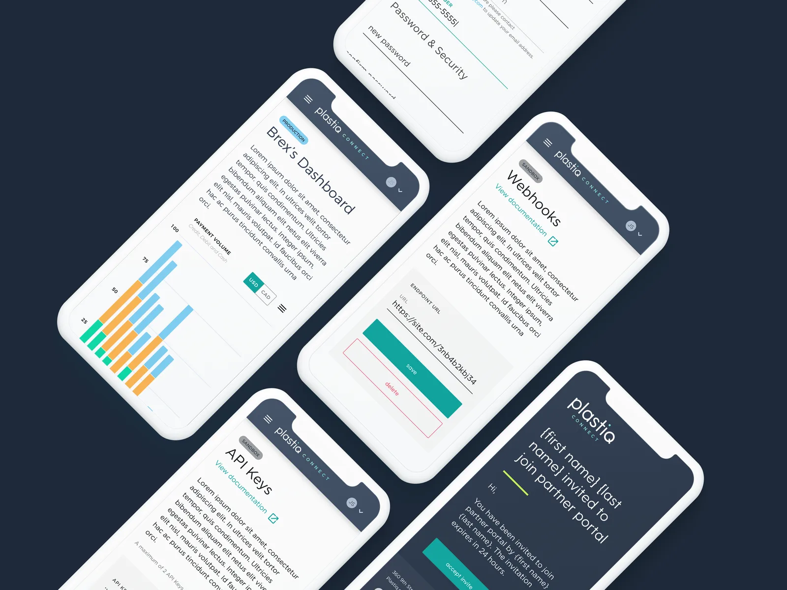 Partner portal rendered on mobile devices showing the payment volume dashboard, webhooks configuration, API keys and a partner invitation screen