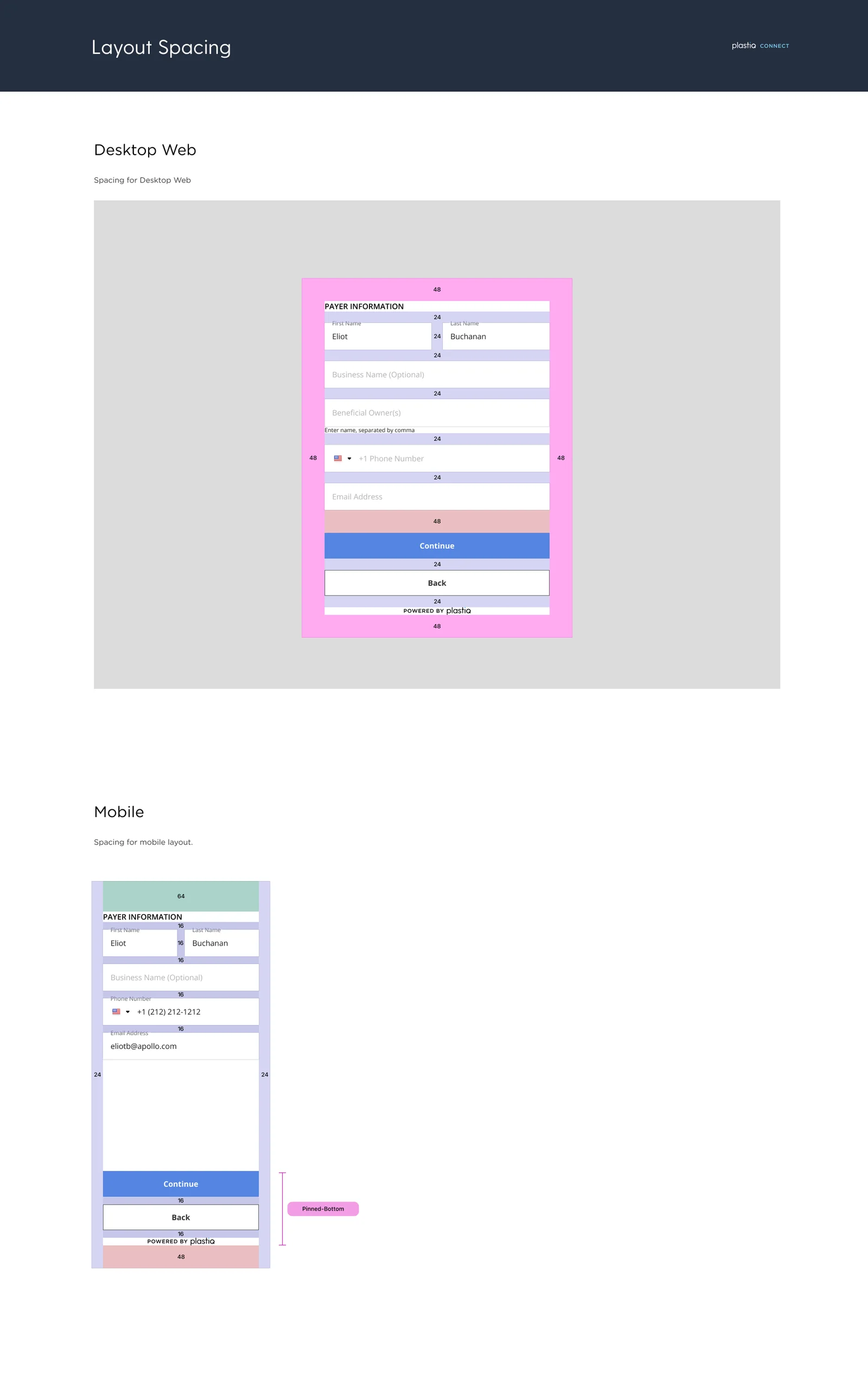 Layout spacing specification showing the payer information step at desktop and mobile widths with coloured spacing overlays and numeric values called out between every element, and an annotation marking the mobile button block as pinned to the bottom