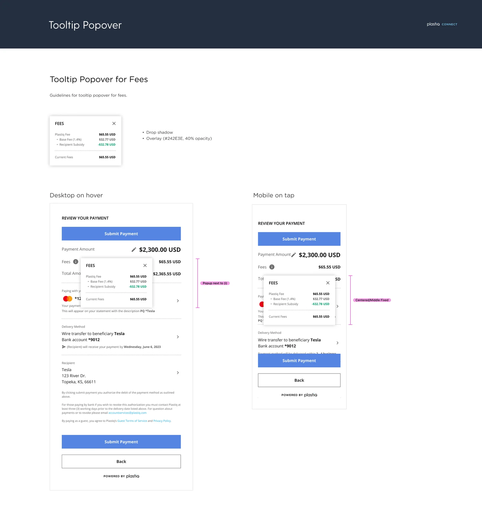Tooltip popover specification for fees, showing the popover itemising a base fee and an offsetting recipient subsidy, guidance noting a drop shadow and a 40% opacity overlay, and two annotated variants — desktop on hover positioned next to the info icon, and mobile on tap centred and fixed