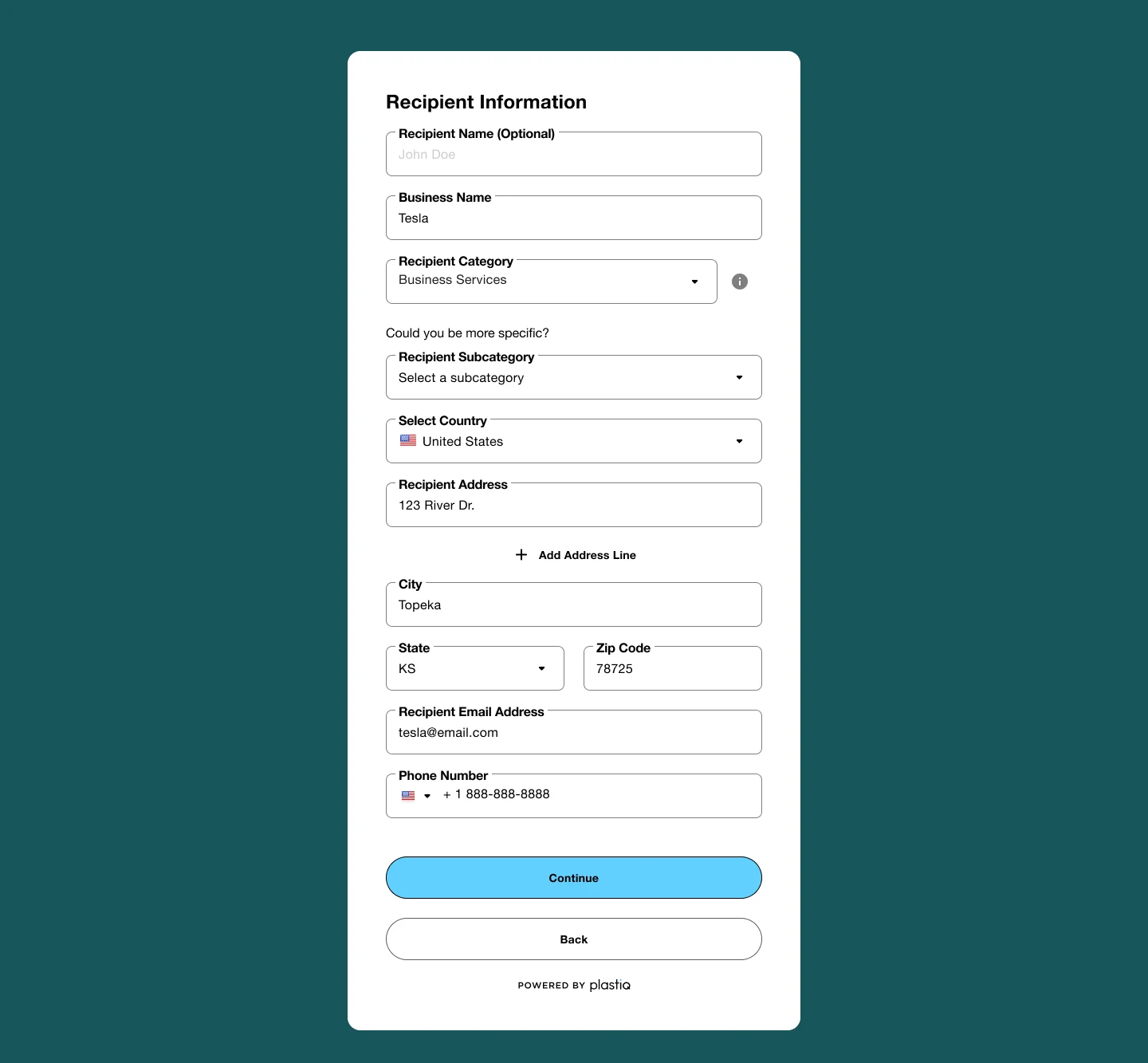Recipient information step showing an optional recipient name, a required business name, a recipient category dropdown with an info affordance, a prompt reading could you be more specific followed by a recipient subcategory dropdown, then country, address, city, state, zip, email and phone fields