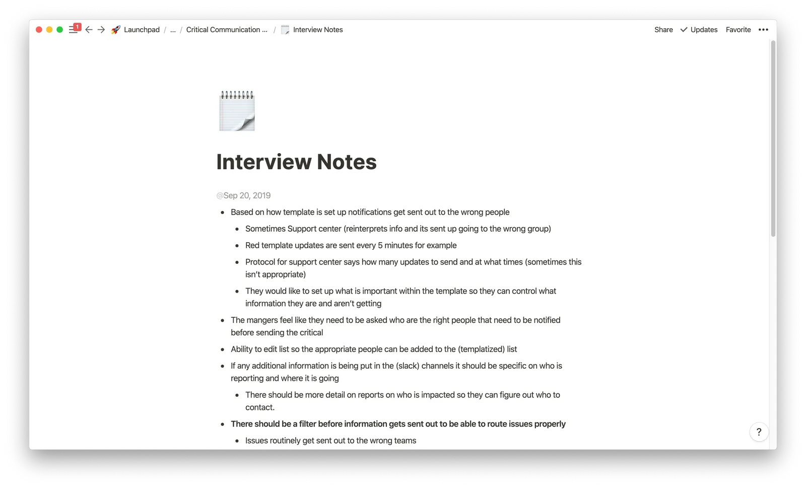 Interview notes recording how notification templates were sending alerts to the wrong people, how often updates went out, and what managers said they needed control over
