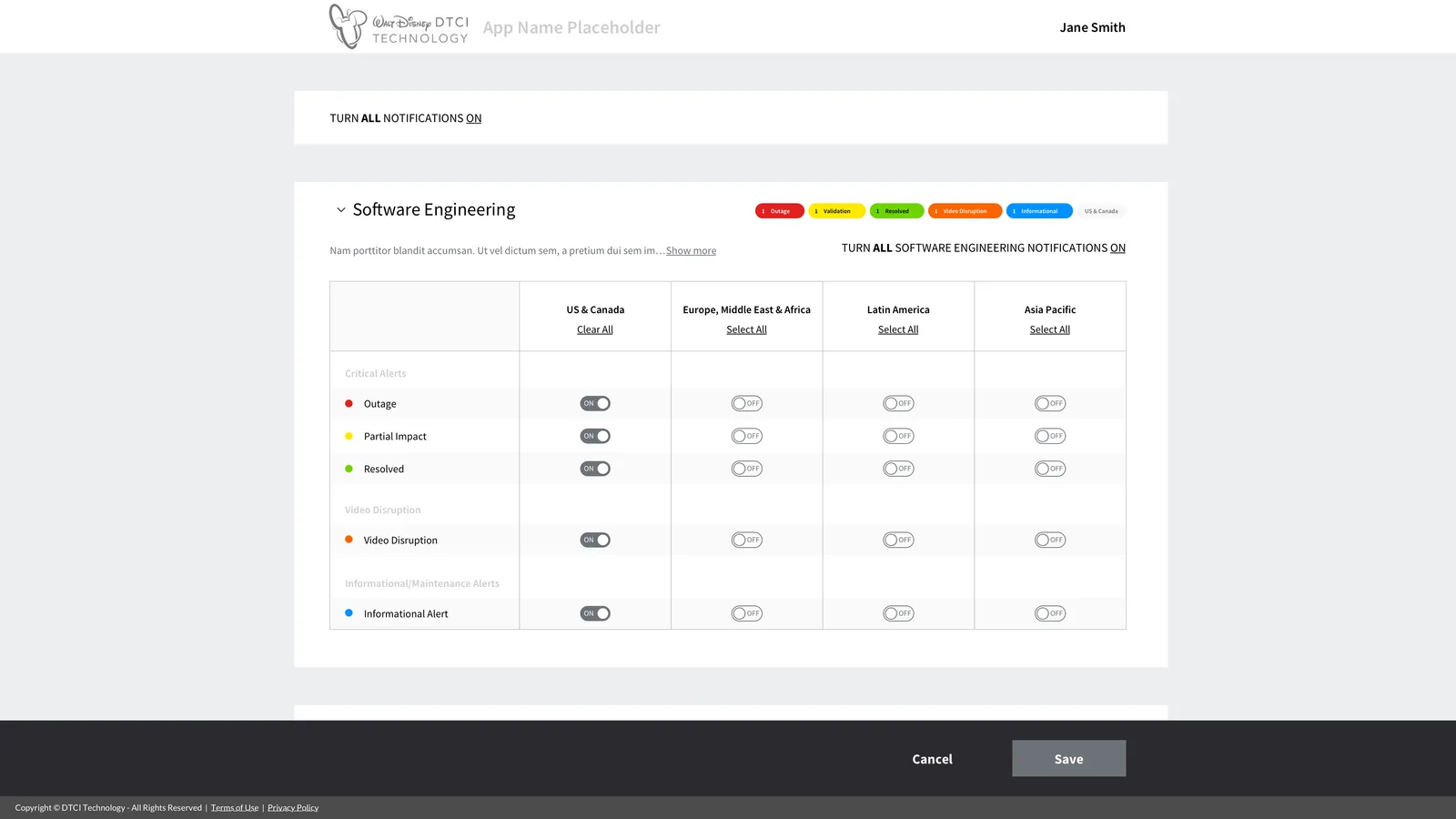 Version one of the subscription manager, with notification types as rows and regions as columns in a single wide table