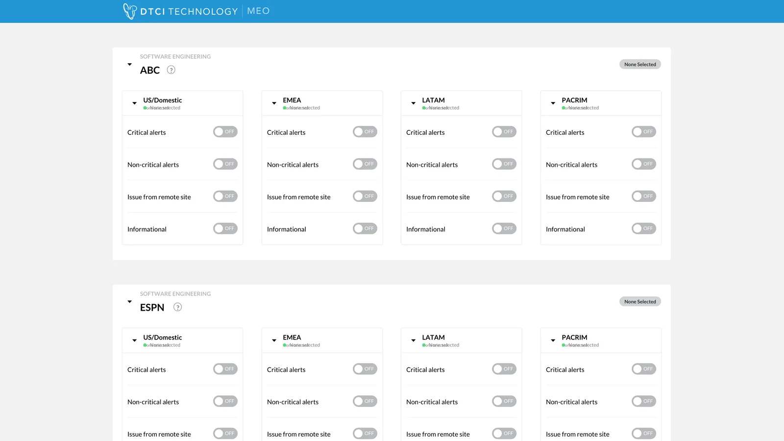 Regional notification toggles for ABC and ESPN, each offering critical alerts, non-critical alerts, remote site issues and informational updates