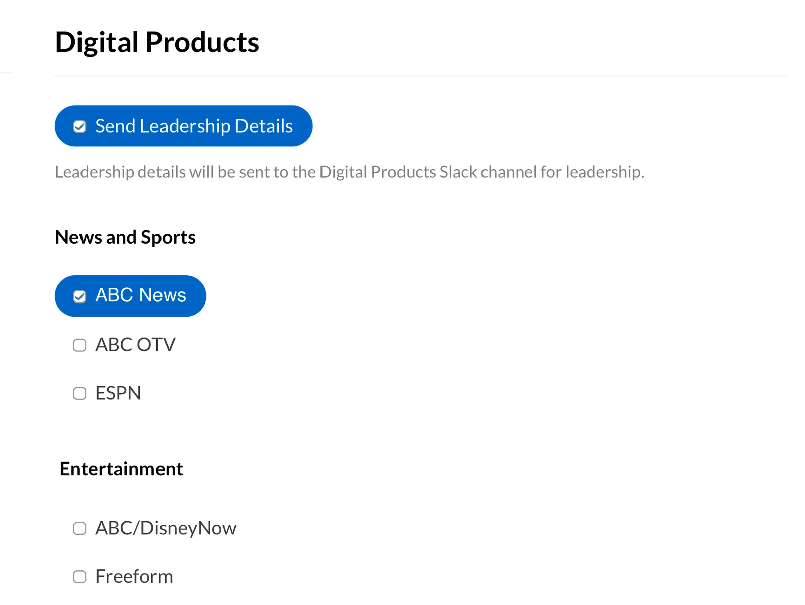 Leadership details panel with brands grouped under News and Sports and under Entertainment, each independently selectable