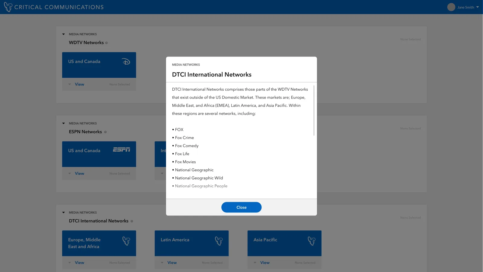 The built application showing a modal that explains what DTCI International Networks covers, listing the FOX and National Geographic channels within it