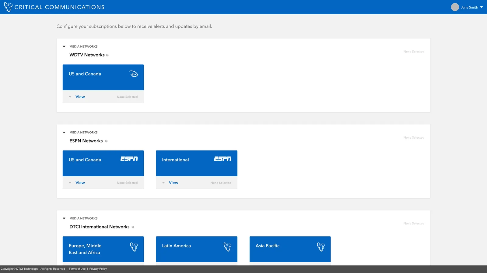 The subscription configuration screen grouping media networks, ESPN networks and international networks
