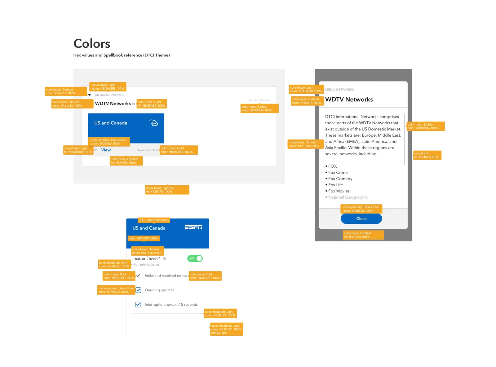 The interface annotated with the colour decisions applied to each element