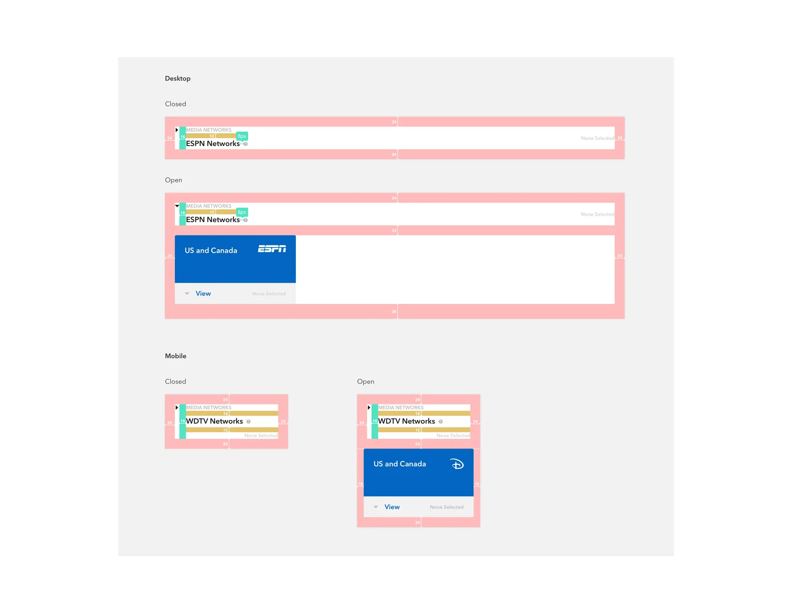 Open and closed card states marked up across desktop and mobile to define the interaction