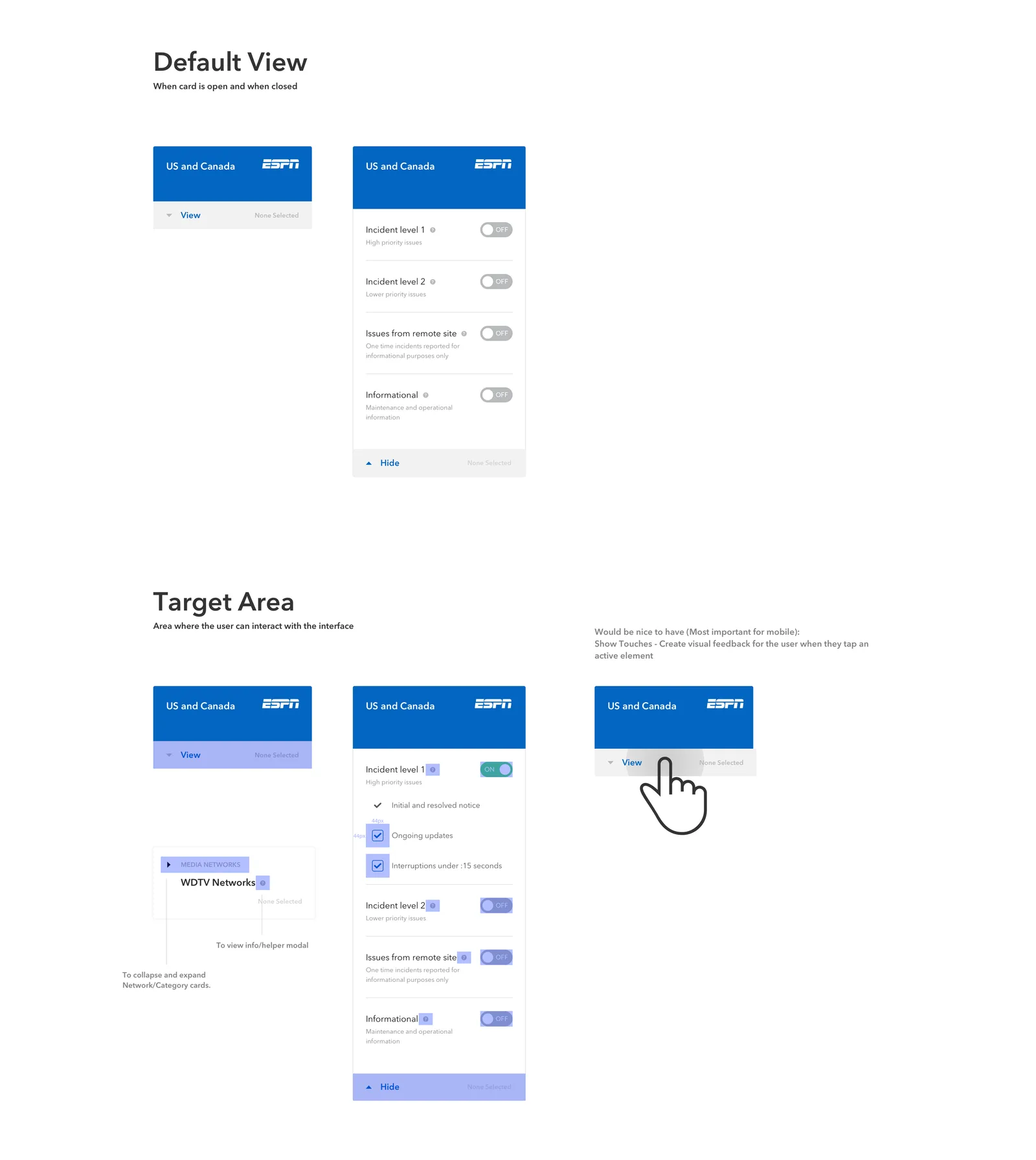 Default view and target area documented side by side, showing exactly where a user can click