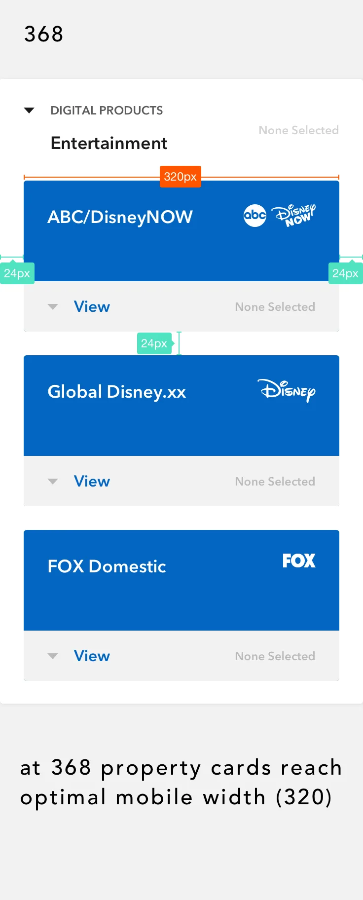 Responsive annotation showing property cards reaching their optimal mobile width of 320 pixels at a 368 pixel viewport