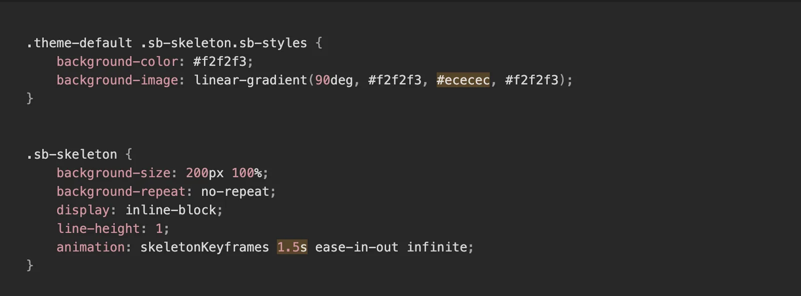 The CSS behind the skeleton loading state, using a repeating gradient animation while previous selections load