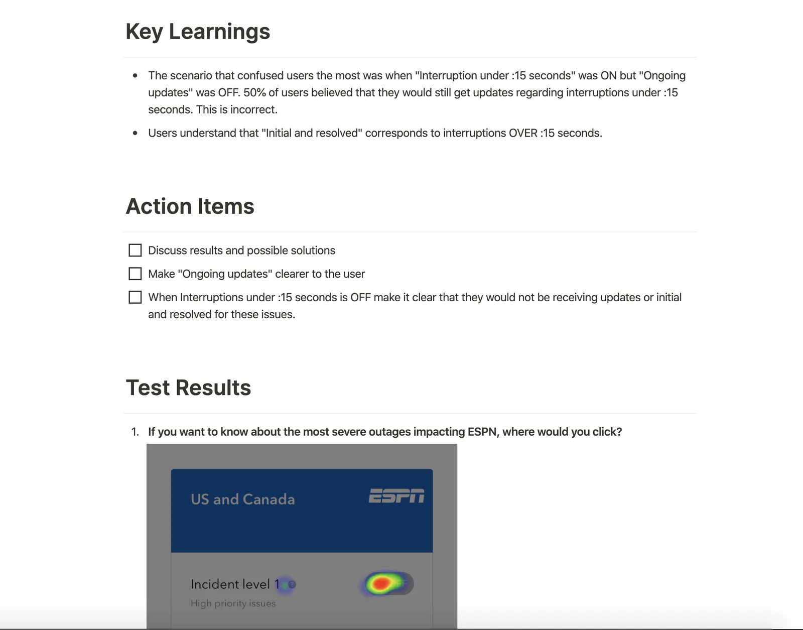 Usability test findings on whether users understood interruptions under fifteen seconds, with the resulting action items