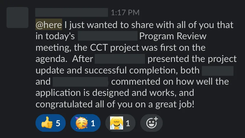 A program review message reporting that CCT was first on the agenda and that the project update and completion were well received