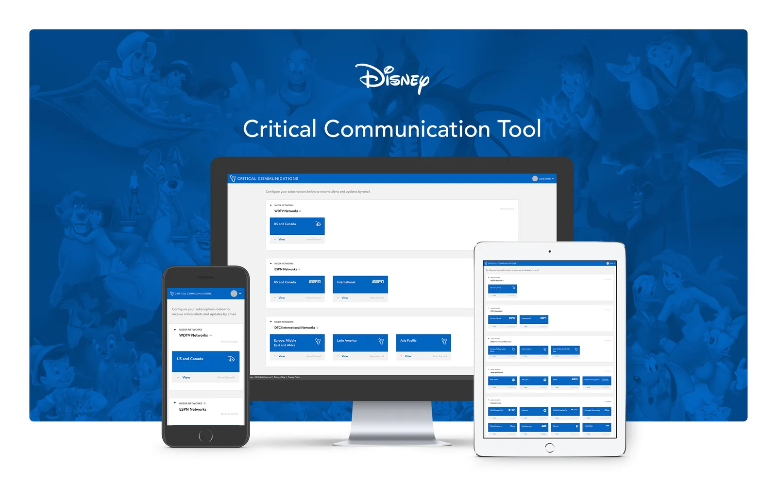 Product marketing image showing the Critical Communication Tool across desktop, tablet and mobile