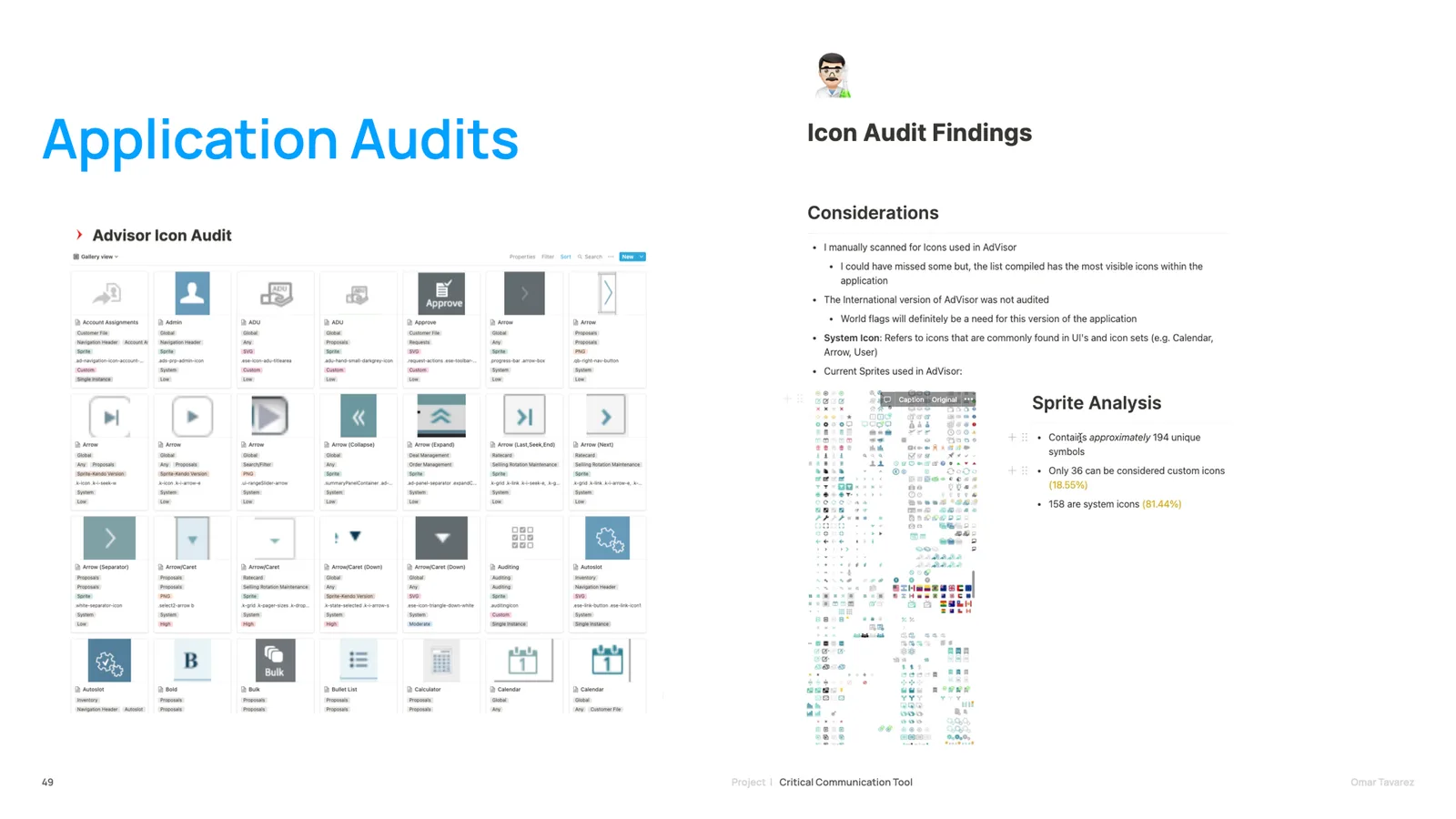 Icon audit findings documenting inconsistent iconography across the existing brand platforms and the consolidated set proposed to replace it