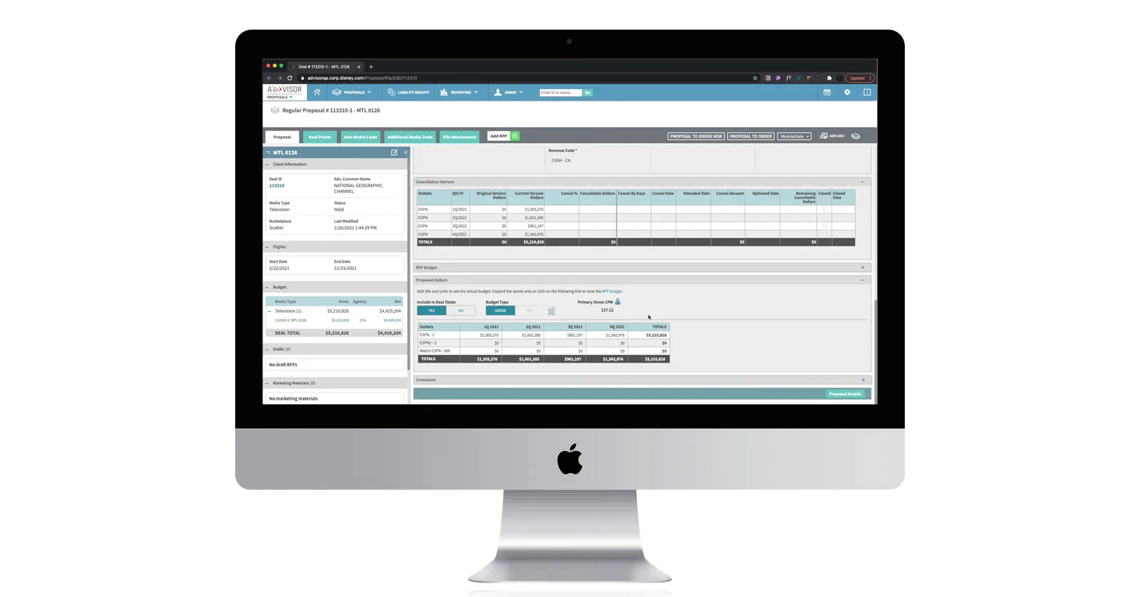 AdVisor Manage Deals grid showing 200 results with a search and filter panel, columns for deal ID, media type, proposal type, advertiser, deal status, marketplace, flight dates and gross budget