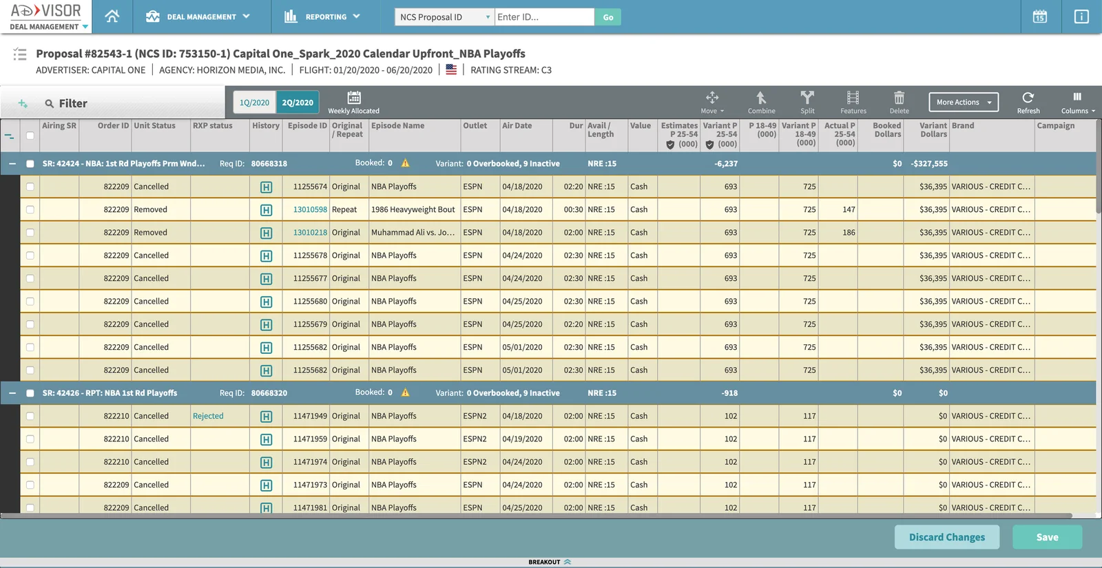 Deal management view showing NBA Playoffs airings with unit status, rate card values, variants and overbooked warnings, with discard and save actions anchored at the bottom
