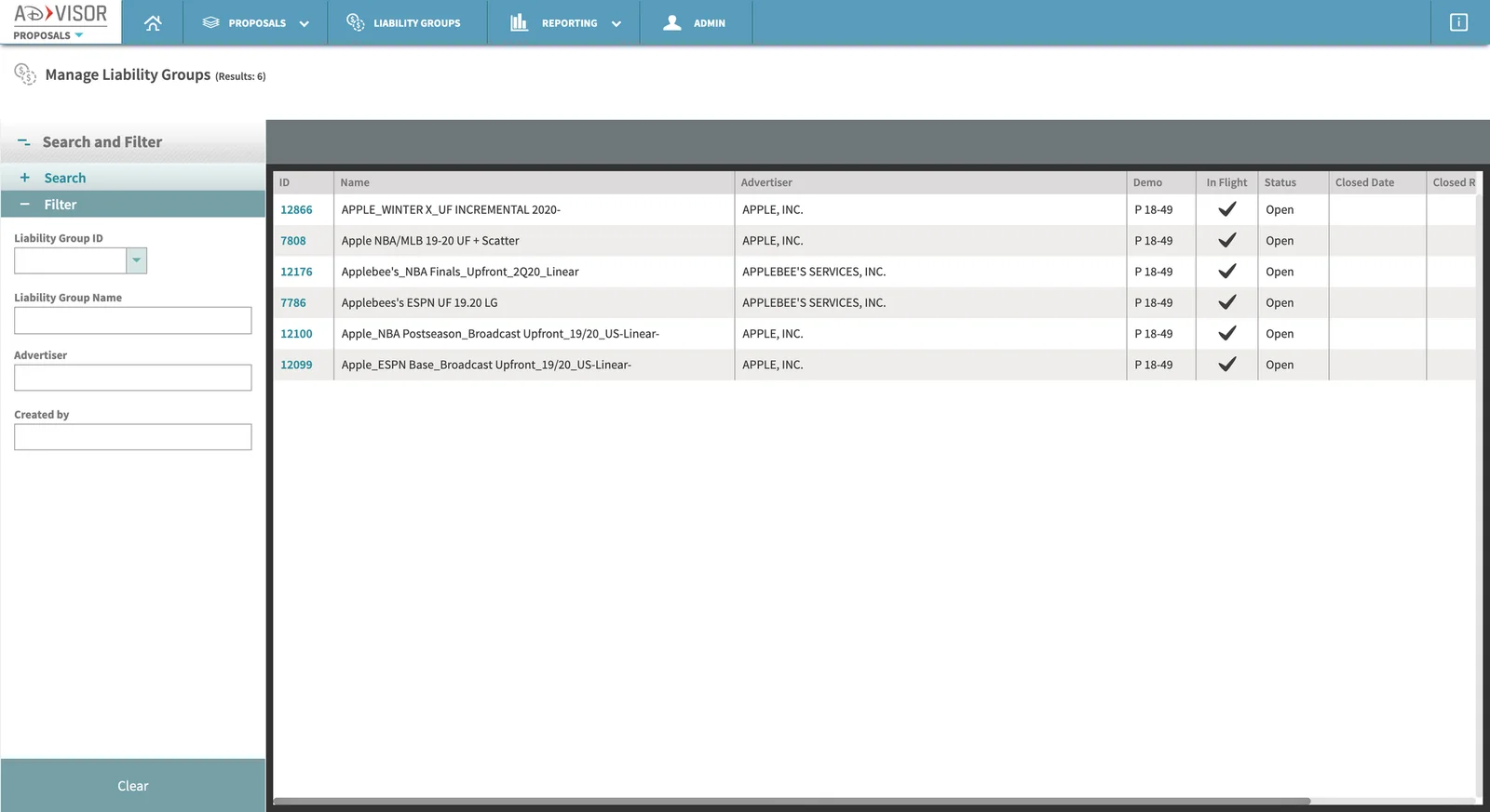 Liability groups grid showing grouped deal records with status columns and comparison values across brands