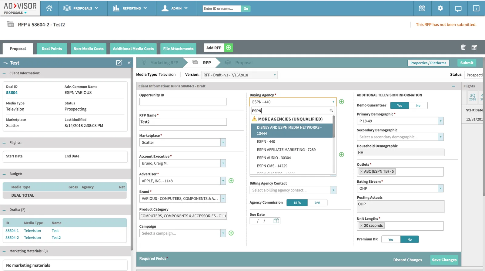 RFP creation form showing client information, flight dates, budget, marketing materials and required-field validation, with repeated patterns for inputs, selects and save actions