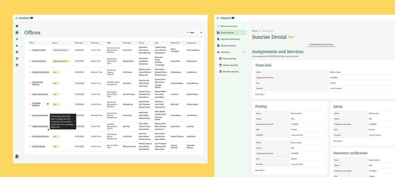 Offices roster showing onboarding, assignment and live status per office, beside an office detail view listing team lead, posting, aging and insurance verification assignments