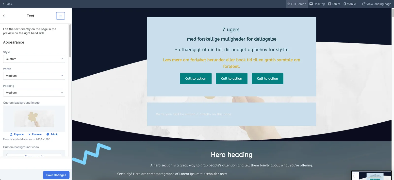 The previous page builder: a text panel offering only style, width, padding and background controls, beside the landing page it renders