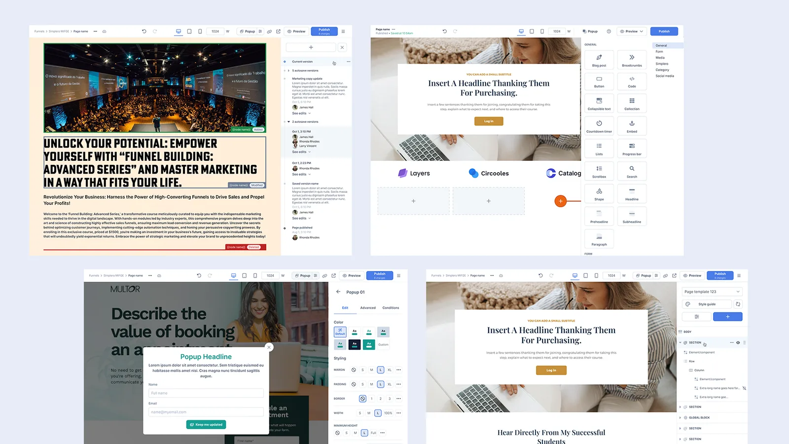Landing pages being edited in the new builder — a funnel marketing page, a post-purchase thank-you page, a popup editor and an appointment booking page