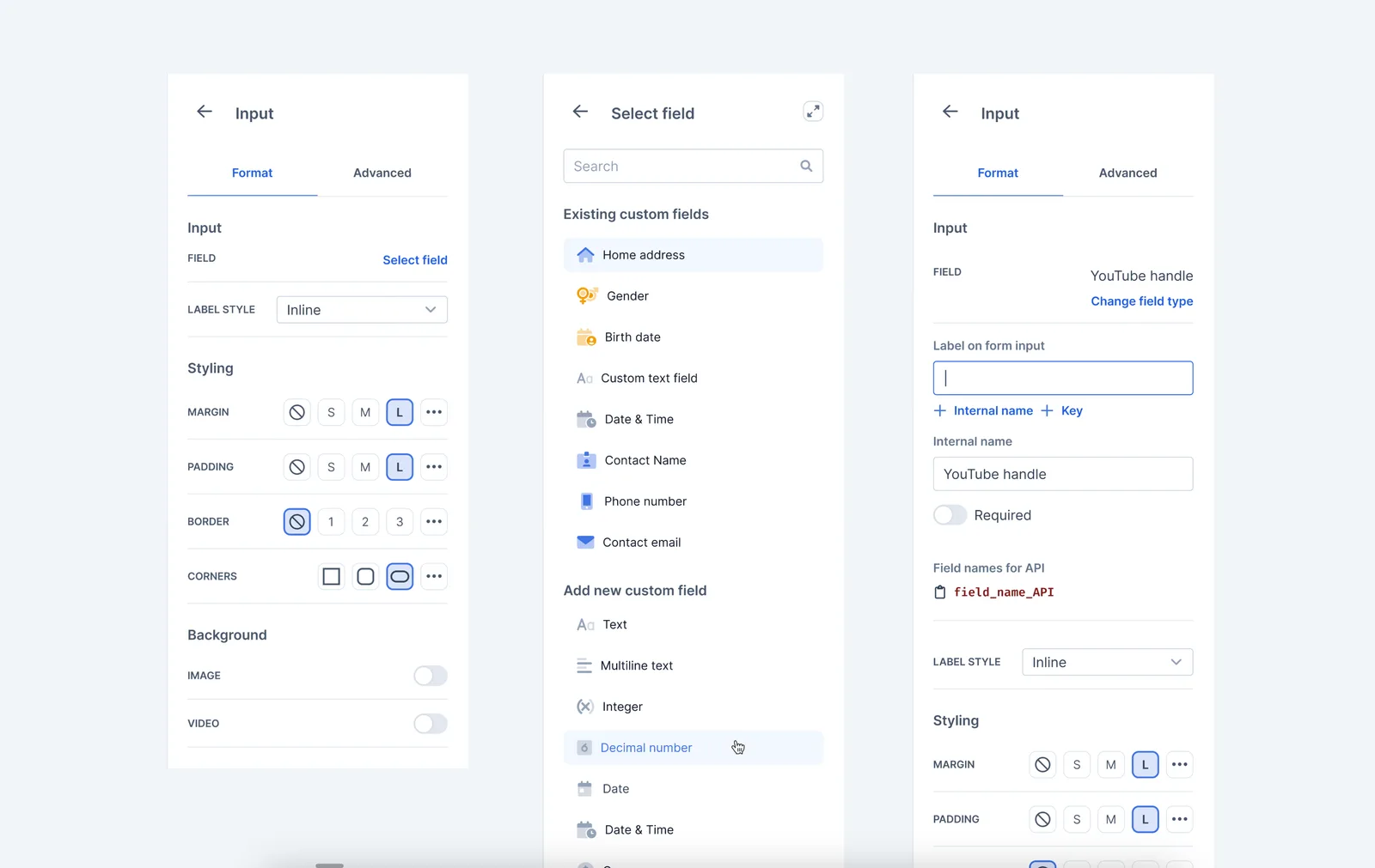 Input field configuration showing format and advanced tabs, selection from existing CRM fields such as birth date and contact email, and the list of new field types that can be added