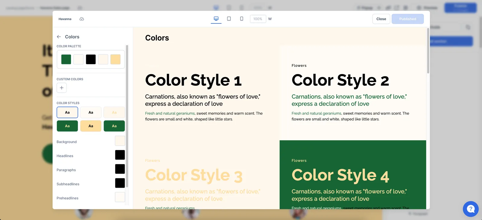 Colour management in the builder: the palette, custom colours, and four named colour styles previewed against sample page content