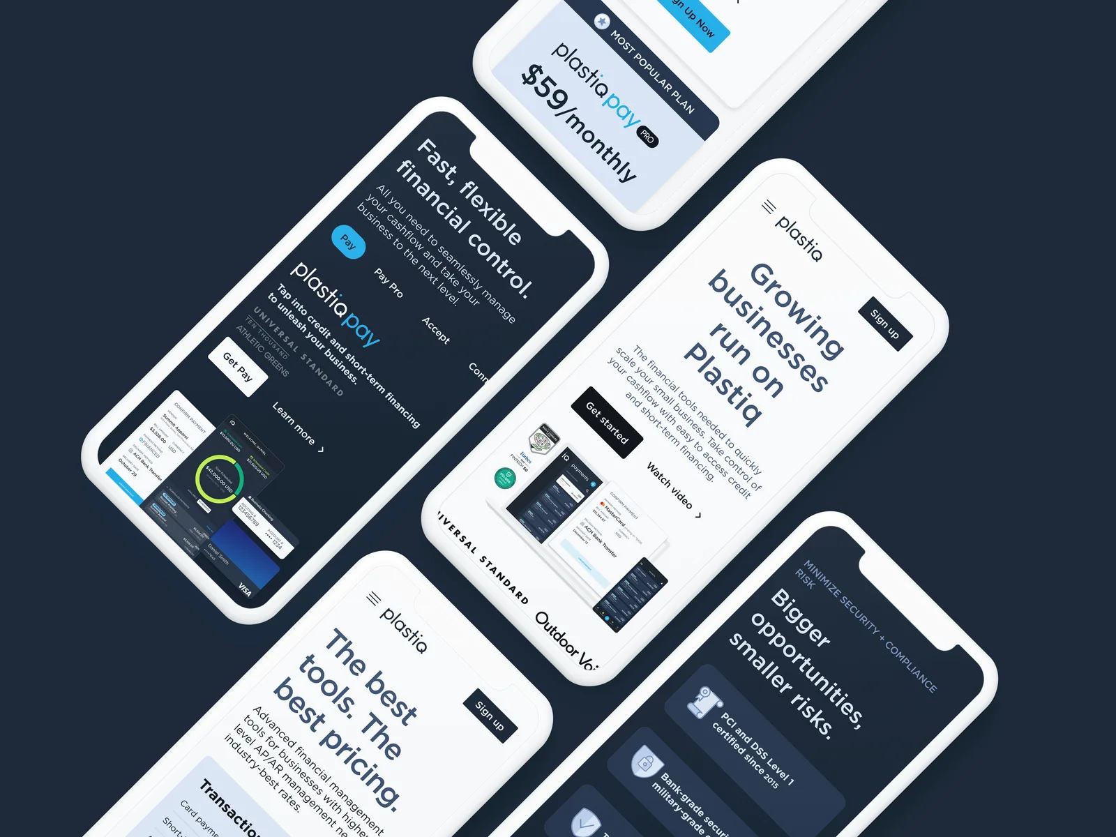 Mobile compositions of the new marketing site covering the financial-control pitch, the growth message, pricing at $59 monthly and the risk-reduction panel