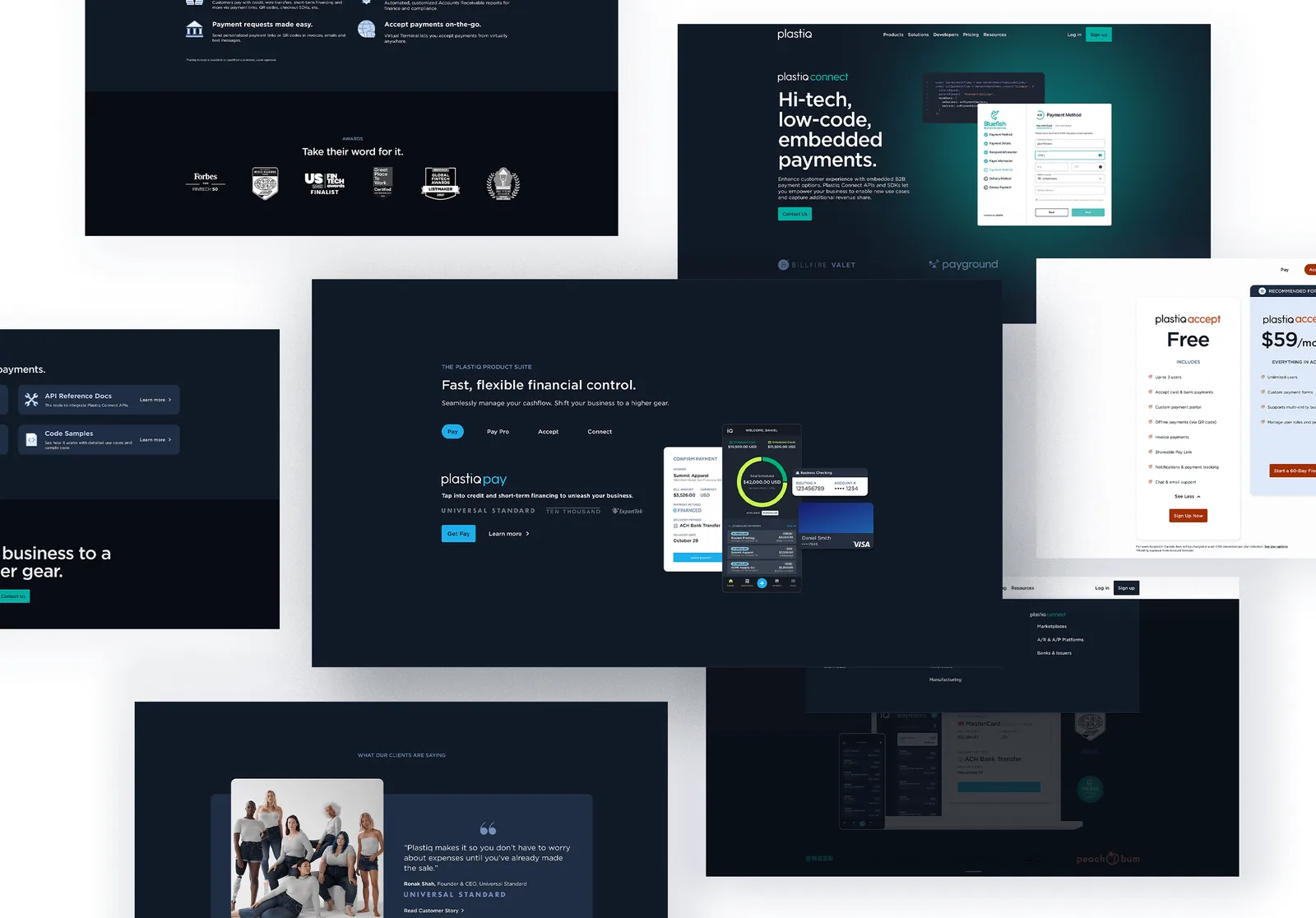 Desktop page compositions for the launched site, including the embedded payments pitch, pricing tiers and a customer testimonial