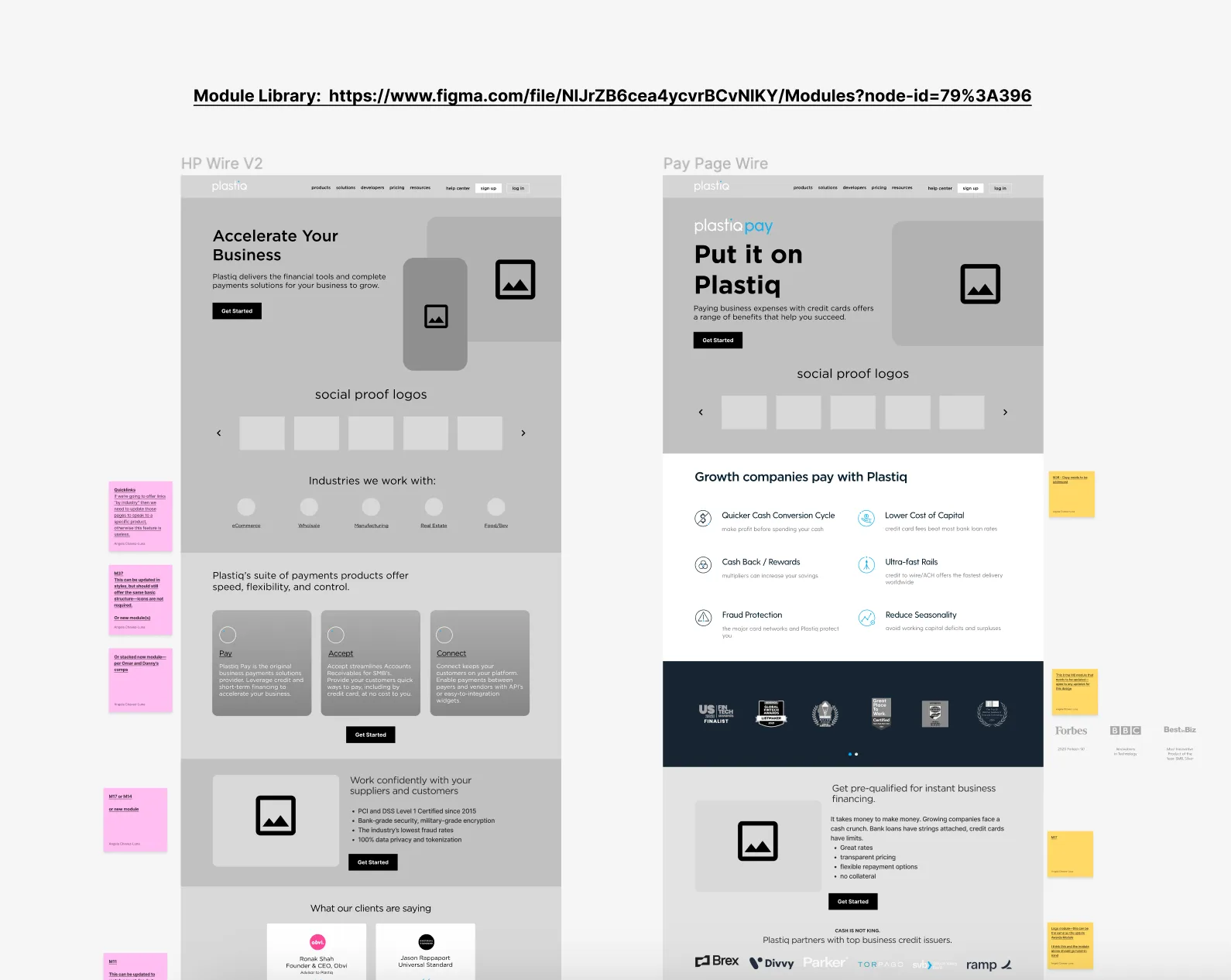 Annotated wireframes for the homepage and Pay page, marked up with sticky notes and linked to the shared Figma module library