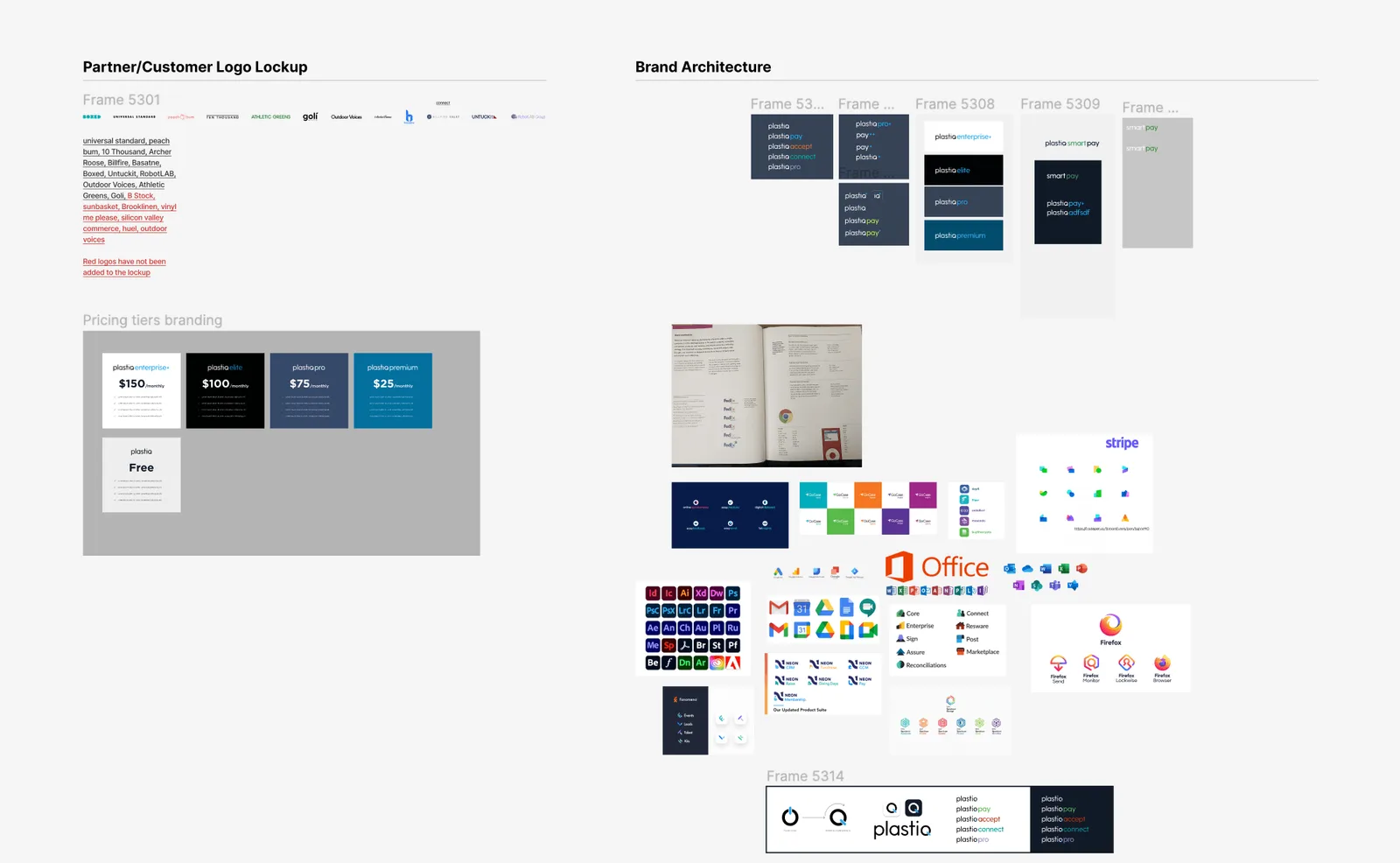 Brand architecture exploration alongside partner and customer logo lockups and pricing-tier branding