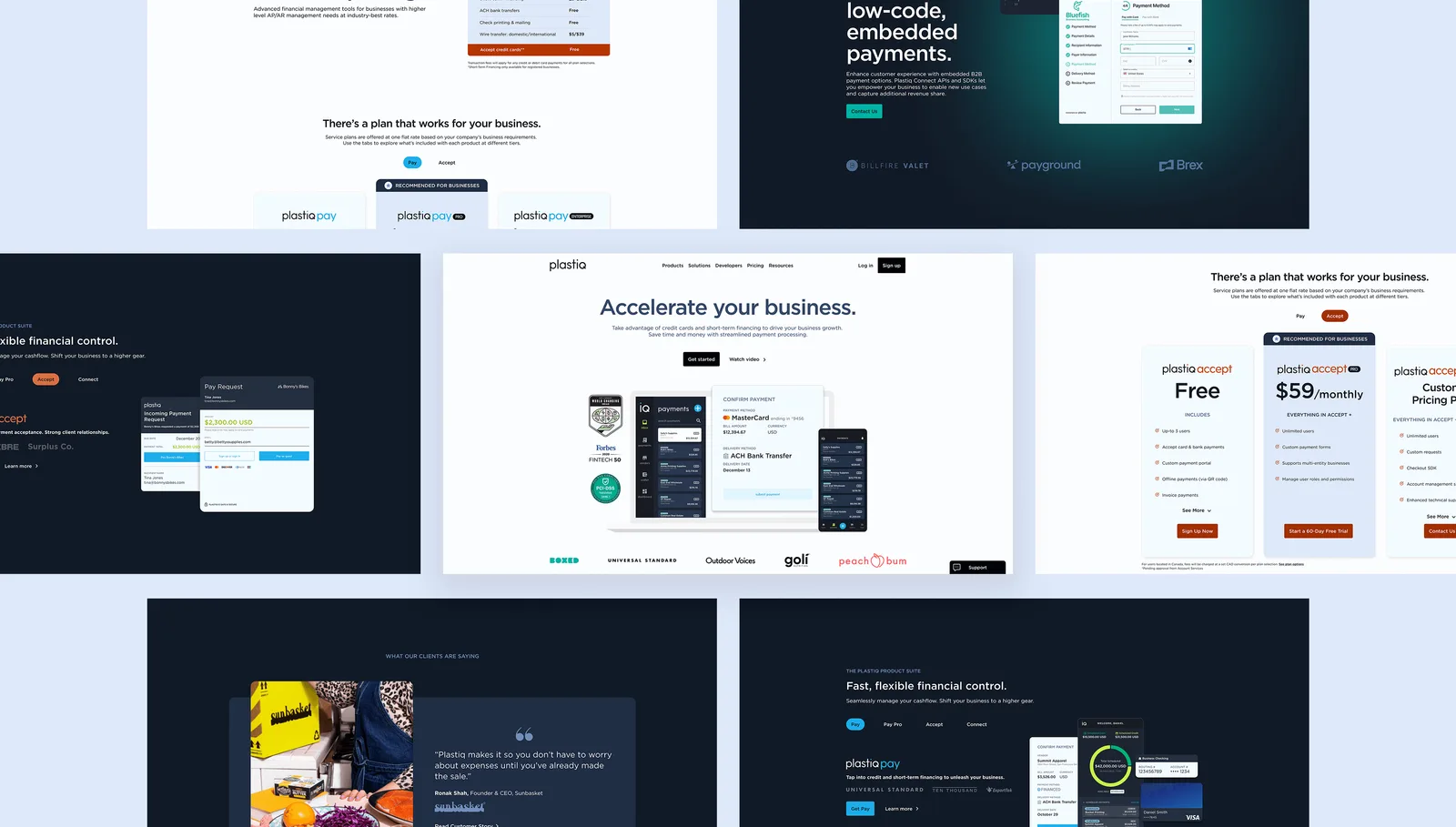 The launched site: the low-code embedded payments message, pricing plans, the accelerate-your-business page and the customer logo band