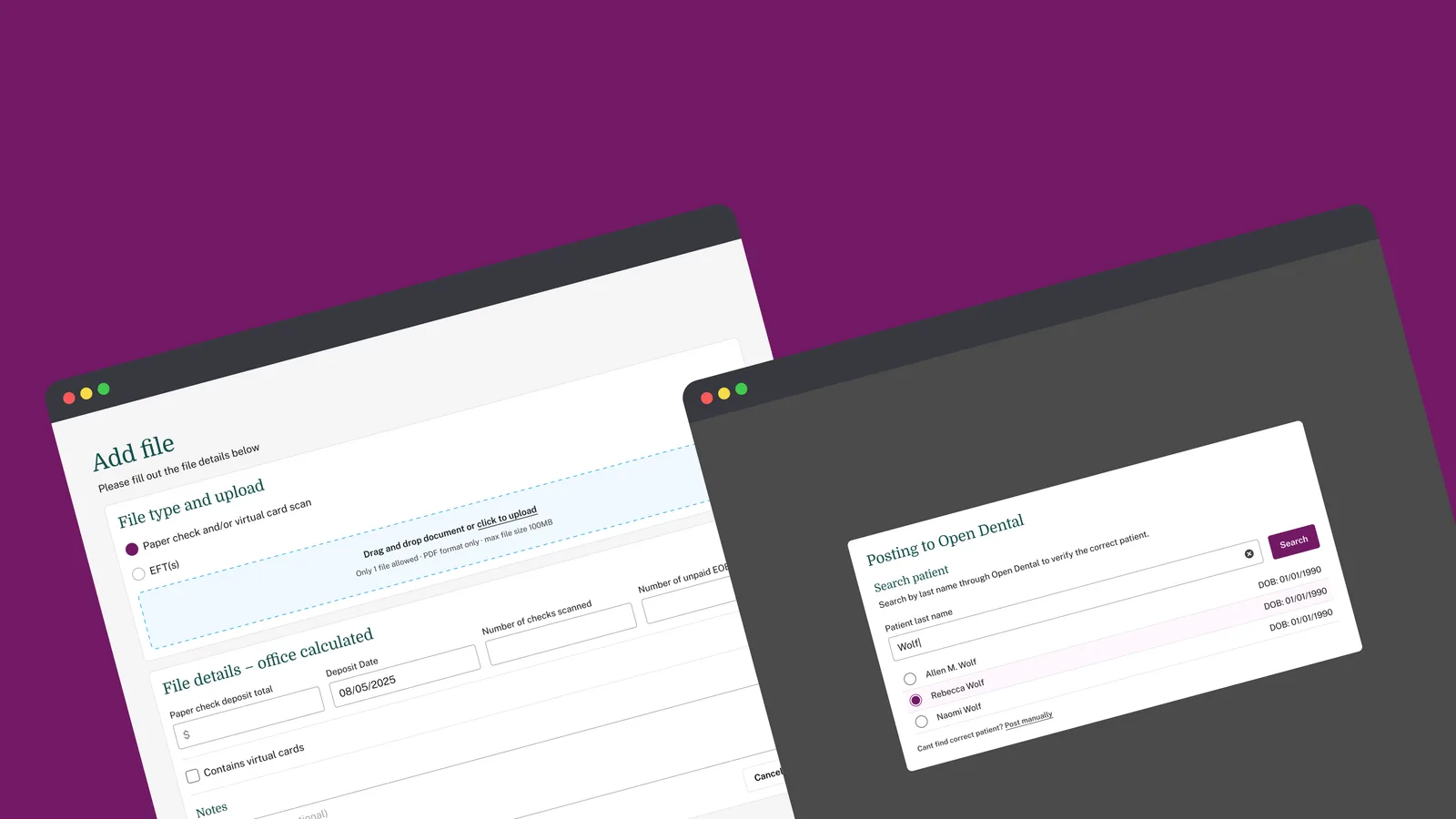 File intake form capturing deposit totals and scan counts, alongside the Post to Open Dental patient search used to match a payment to the correct record